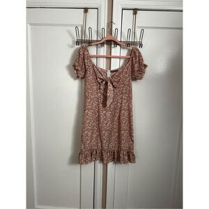 Medium Floral Print Pink Dress Ruffle Hem Tie Front